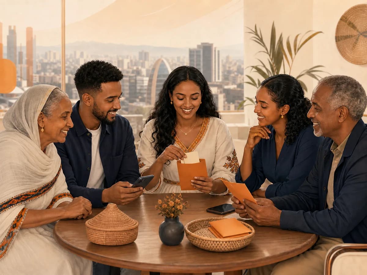 An Ethiopian Equb group reviewing their plans together around a table